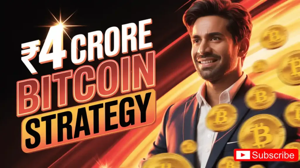 A hyper-realistic 8K cinematic YouTube thumbnail in 16:9. On the right side, a confident young Indian man with a warm smile, neatly trimmed beard, and well-styled black hair is shown in close-up, lit dramatically with glowing golden tones. He wears a smart casual shirt, giving him a relatable yet successful look. The background is glowing with fiery red, saffron orange, and golden yellow light streaks, symbolizing energy, prosperity, and wealth. Floating golden Bitcoin coins scatter across the scene with dynamic motion blur, representing rapid growth and money flow.
On the left side, bold, large 3D text reads: '₹4 CRORE BITCOIN STRATEGY' — with '₹4 CRORE' in shiny metallic white, 'BITCOIN' in glowing red, and 'STRATEGY' in bold black, all outlined with a radiant white glow. The text has a glossy cinematic style with spark flares to make it pop dramatically.
The overall look should be epic, modern, and ultra-vibrant, designed for a viral cryptocurrency YouTube thumbnail with an Indian vibe.