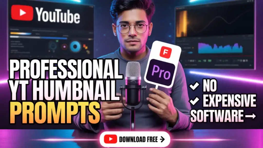 Hyper-realistic 8K cinematic YouTube thumbnail, 16:9 aspect ratio, featuring a confident young man with glasses sitting in front of a microphone, holding YouTube logo icon in one hand and Adobe Premiere Pro logo in the other. Bold cinematic lighting with a vibrant blue and purple digital background of editing tools and interface screens. Large bold text in white and yellow: “ PROFESSIONAL YT HUMBNAIL PROMPTS ” on the left, and checklist text on the right: “NO ✔ EXPENSIVE ✔ SOFTWARE✔”. Bottom bar with glowing arrows and a call-to-action button reading “DOWNLOAD FREE.” Ultra-detailed, sharp focus, modern design, high contrast, cinematic depth, eye-catching for YouTube thumbnail.
The overall look should be epic, modern, and ultra-vibrant, designed for a viral cryptocurrency YouTube thumbnail with an Indian vibe.