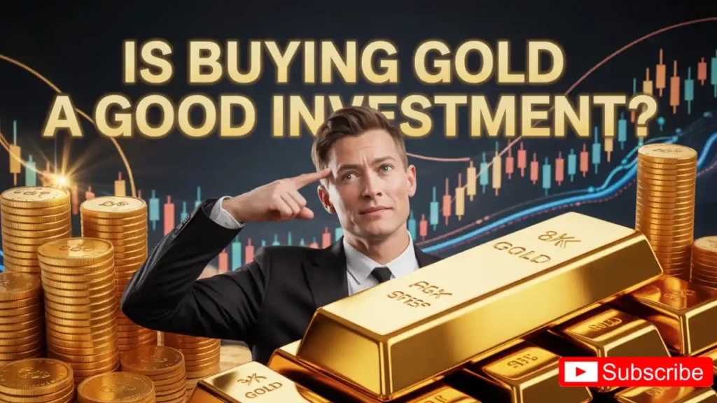 Create a Hyper-realistic 8K cinematic YouTube thumbnail, 16:9 aspect ratio, vibrant and epic composition. The main title - "Is buying gold a good investment?". Place the text in bold golden letters with a glowing effect. Add stacks of shiny gold coins and a large golden bar in the background. Include a dramatic financial market chart with glowing candlesticks. Add a person wearing a modern outfit, pointing to their head with both hands (thinking pose), while looking at the viewer, with a confident expression. Use high contrast lighting, epic shadows, and rich golden tones. Add a subtle futuristic vibe with digital overlays.