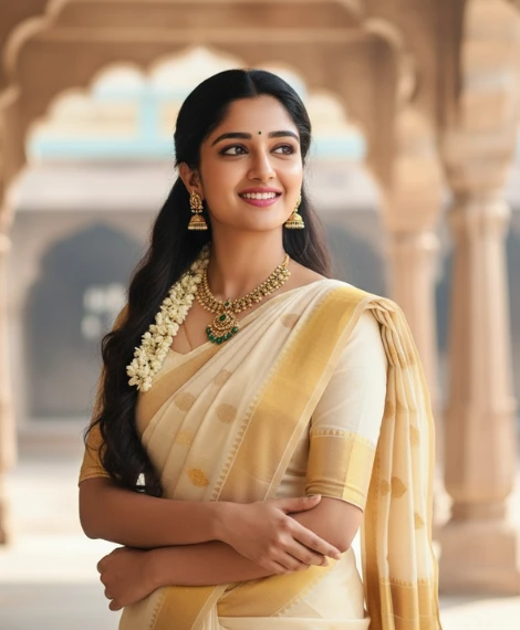 best kerala Golden White Saree Gemini Prompt (1)