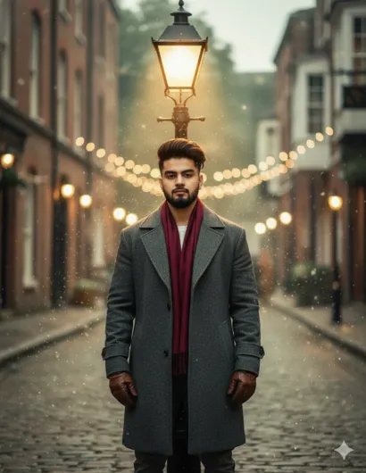 Gemini AI Christmas photo prompt ideas for men with snowfall