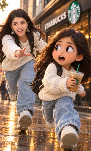 girl and miniature cartoon self outside Starbucks