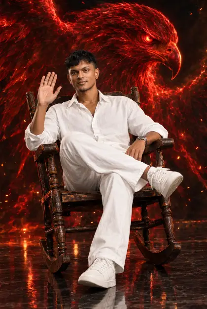 Man in White Attire Seated Before a Spectral Red Eagle Prompt