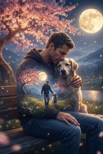 Cinematic Double Exposure Prompt: Moonlit Cherry Tree & Beloved Pet