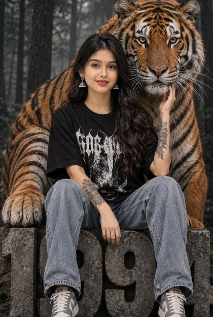 Girl with bengal tiger image prompt