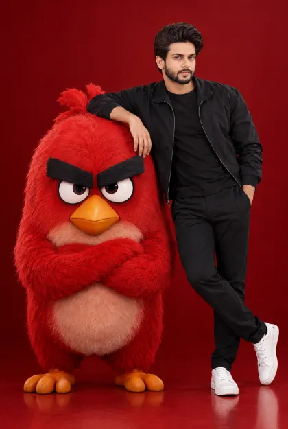 Young Man Posing with a Giant Red Angry Bird Prompt